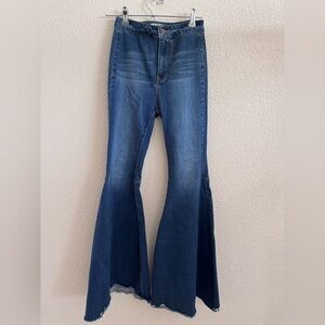Free People Women's Blue Wide Flared Jeans Boho Frayed H Size 25